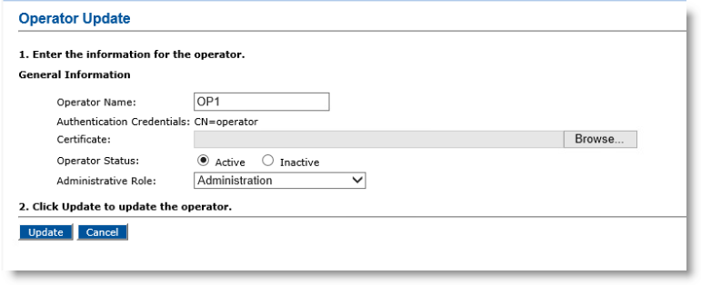 Operator Update dialog box with various fields that can be updated in step 1, as well as an Update button and a Cancel button in step 2